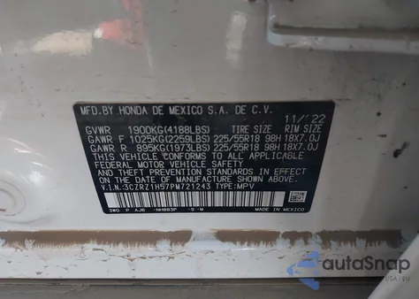 2023 Honda Hr-V 2Wd Sport z USA, uszkodzony, nr VIN 3CZRZ1H57PM721243